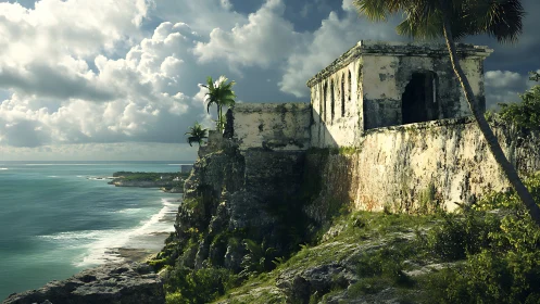 Stone coastal ruin on rocky cliff above turquoise sea.
