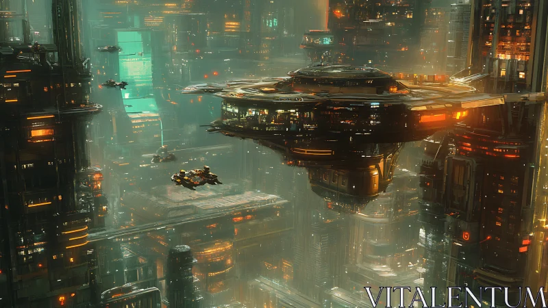 Futuristic cityscape shows floating spaceport above dense towers