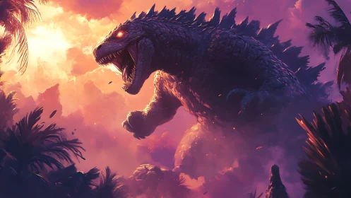 Colossal kaiju rampages through neon sunset jungle sky.