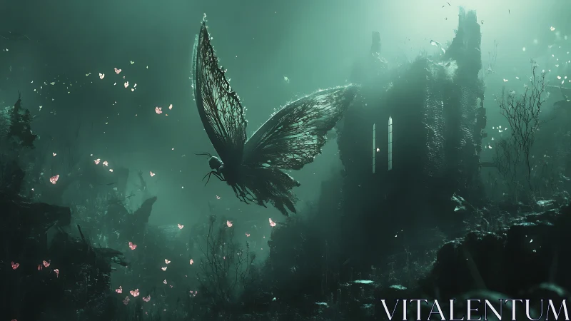 Shattered butterfly angel haunting a drowned gothic chapel.