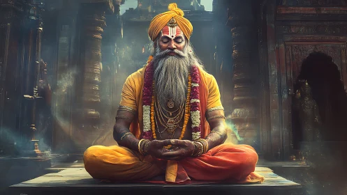 Meditating ascetic in temple courtyard under volumetric mystical light