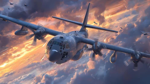 Turboprop military aircraft dives through storm-lit cloudscape
