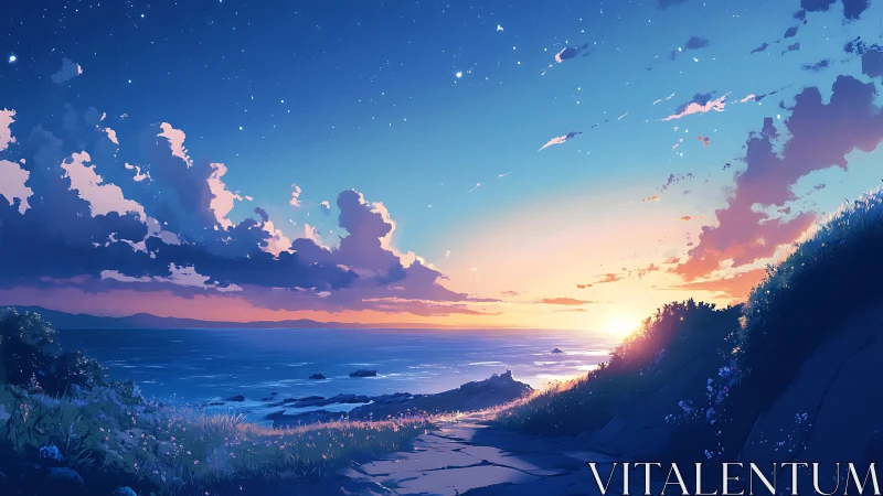 Coastal twilight gradient over stylized ocean horizon plane.