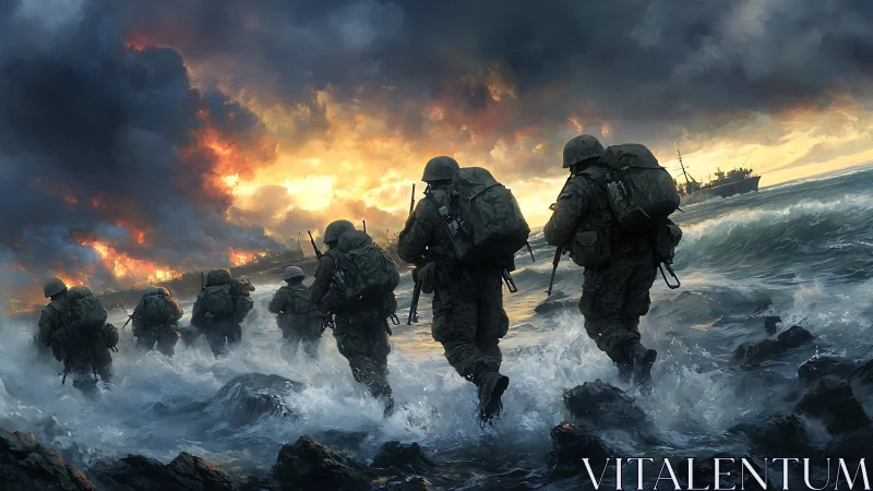 Amphibious infantry assault under turbulent surf and incendiary sky