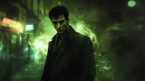 Neon fog detective wrapped in eerie emerald sorcery glow.