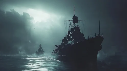 Heavily armed battleship advances through fog under backlit storm