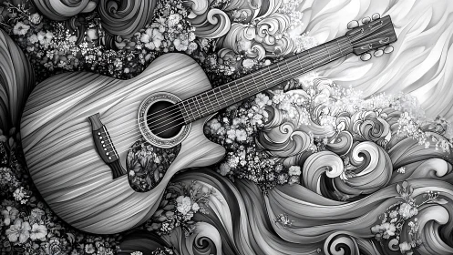 Acoustic guitar rests amid monochrome floral and swirling forms