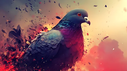 Iridescent pigeon erupts through embers and drifting ash.