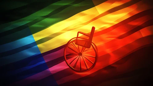 Wheelchair icon glows boldly over flowing pride flag colors