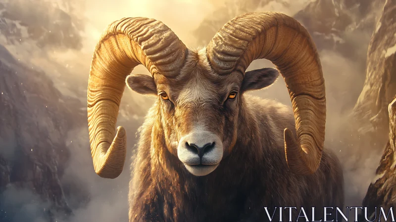 Mountain ram with curved horns in rugged alpine setting.
