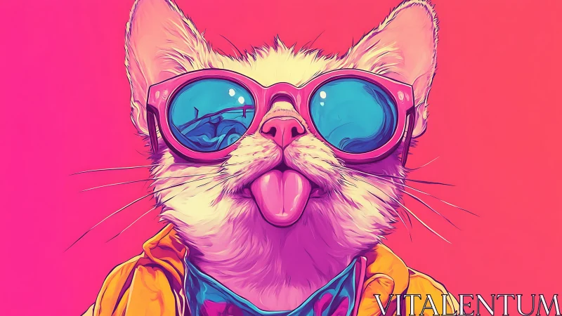 Sunglass rebel cat licking sunshine on neon afternoons.