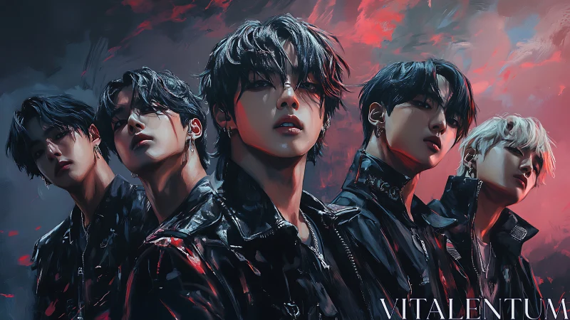 Five stylized male figures in leather jackets at dusk.