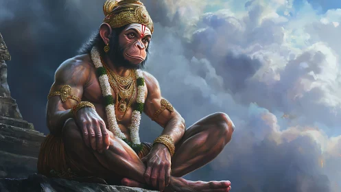 Divine monkey warrior sits poised before storm clouds