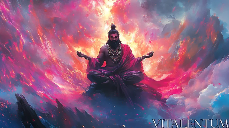 Mythic ascetic levitates amid turbulent chromatic nebula vortex