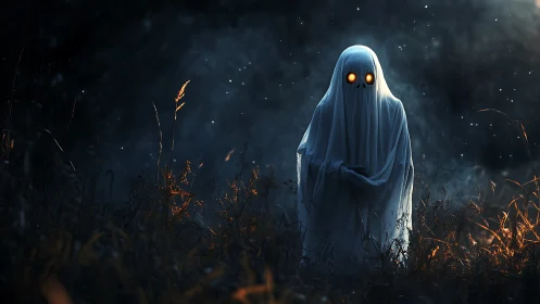 Lantern-eyed ghostling wandering through emberlit twilight.