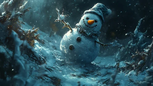 Joyful snowman waves through a magical winter snowfall