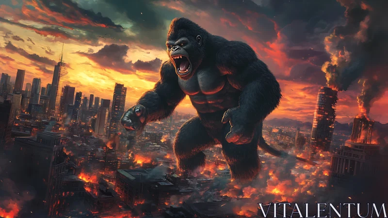Digital painting of colossal gorilla over burning cityscape.