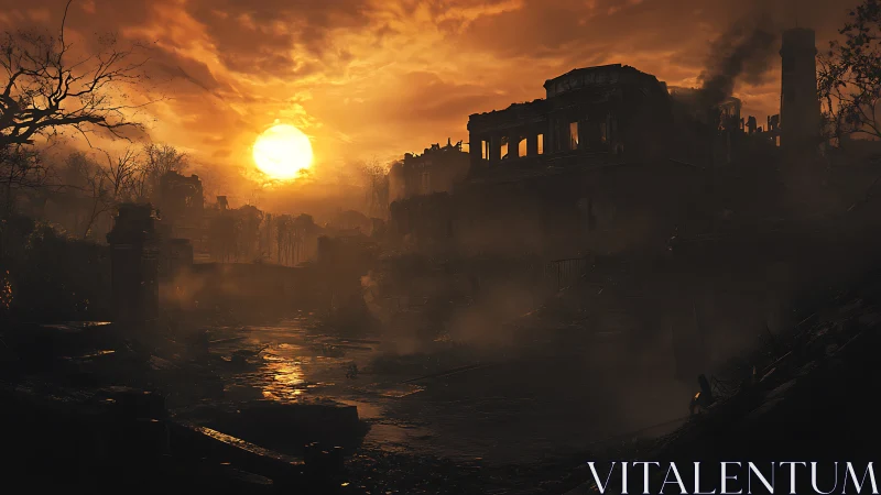 Sunset over ruined industrial buildings and dark landscape.