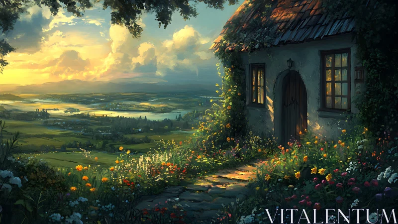 Sunlit cottage garden overlooking expansive river valley at dusk