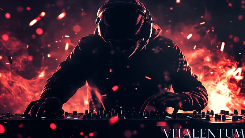 Hooded DJ mixes tracks amid blazing red neon firelight