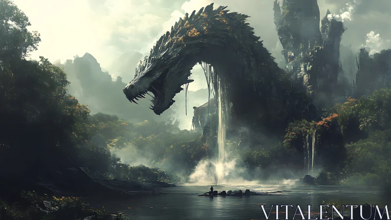 Colossal stone dragon arch above misty jungle river mouth.