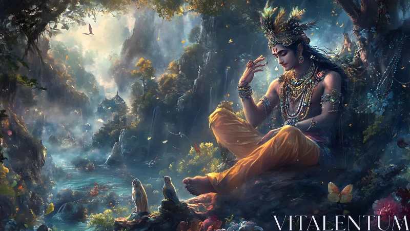 Divine figure sits in jeweled attire beside luminous river valley