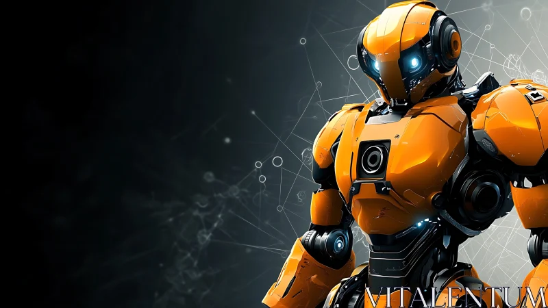 Armored orange combat robot stands in a digital schematic world.