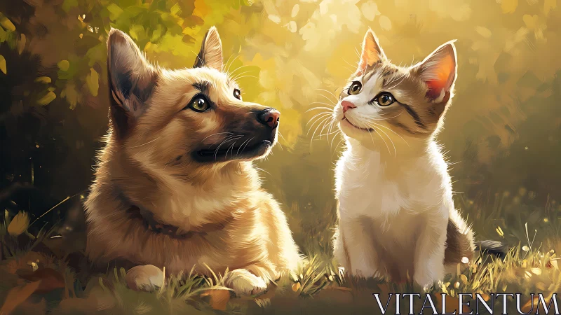 Dog and Cat Gazing Together in Golden Light.