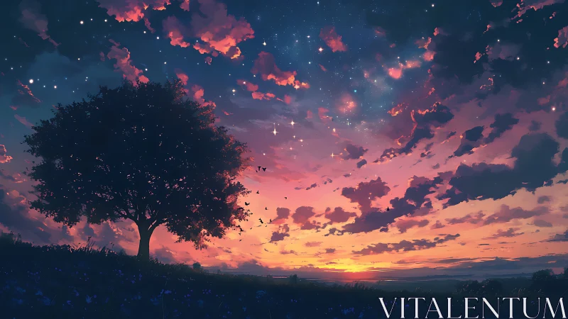 Solitary tree silhouette under multicolored dusk sky.