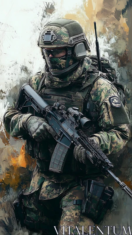 Armored modern soldier holding rifle in combat stance.