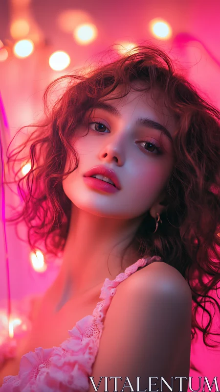 Neon-lit dreamer gazes through pink haze and soft glow.