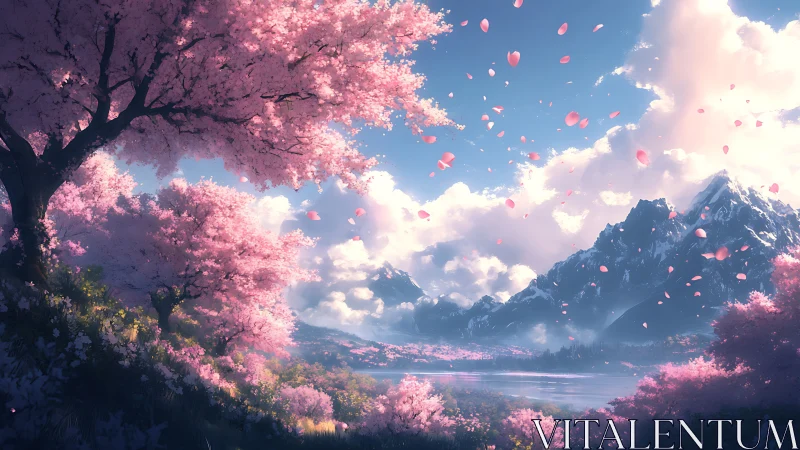 Blooming cherry valley unfolds beneath towering spring mountains