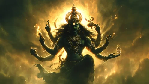 Divine multi-armed deity in radiant golden stormscape.