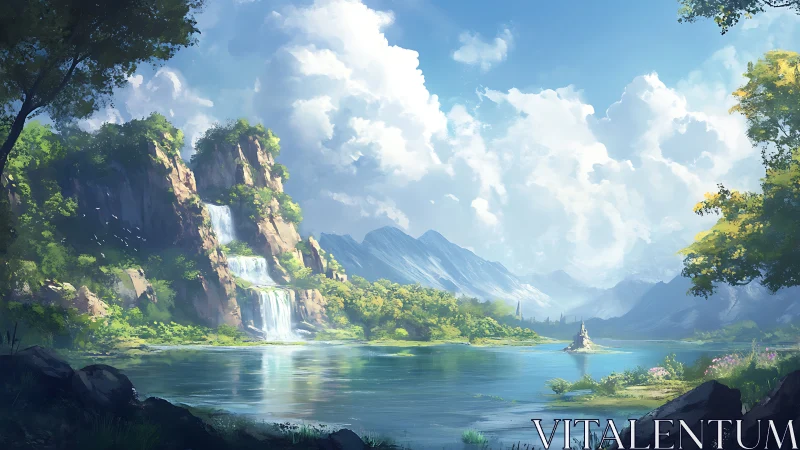 Digital landscape depicts lake, waterfalls, mountains, distant tower