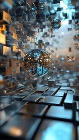 Reflective spheres float through a luminous metallic grid