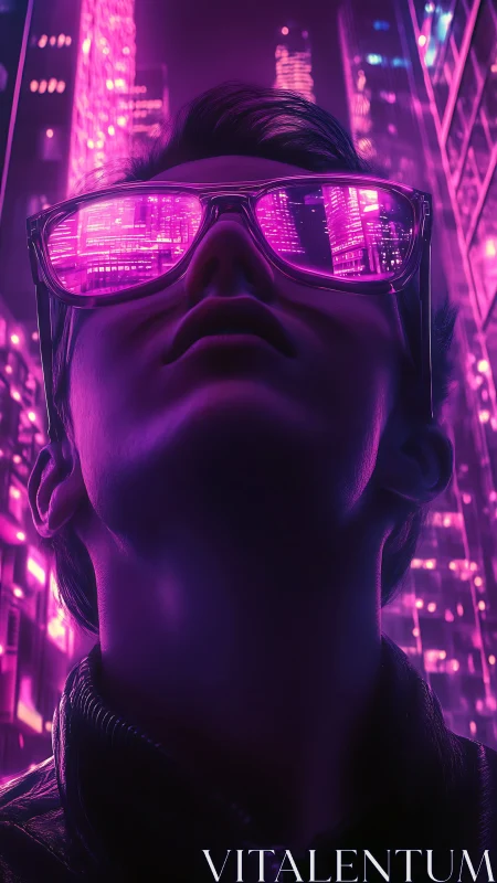 Neon-lit portrait frames cyberpunk skyline in reflective lenses