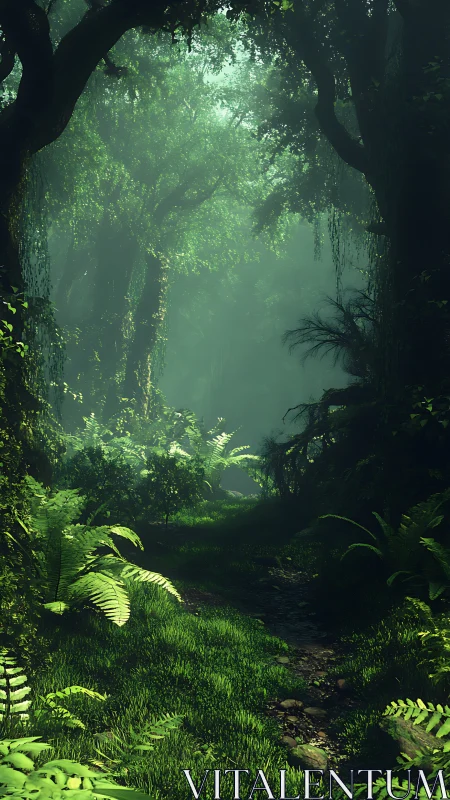 Misty Forest Cave with Lush Vegetation.