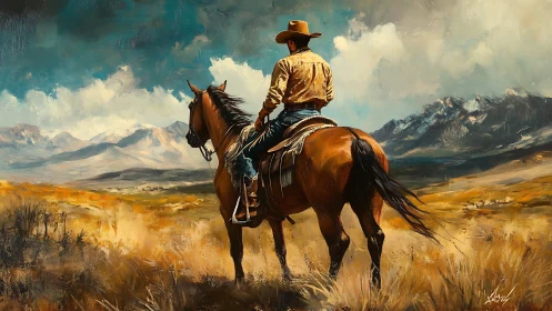 Western cowboy on horseback surveying stormlit mountain prairie