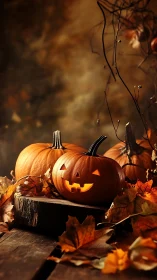 Illuminated jack-o’-lantern on wood slice amid dried autumn foliage