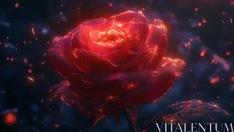 Incandescent red rose macro with ember-like bokeh particles