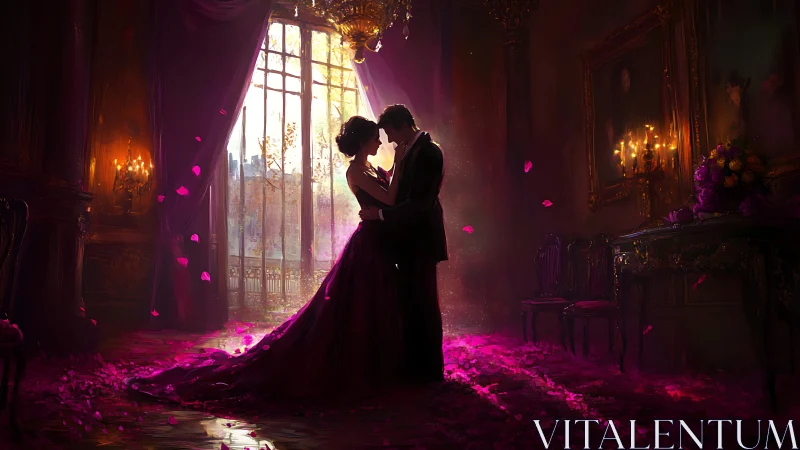 Palatial Silhouettes: Magenta-Luminescent Ballroom Waltz Composition.