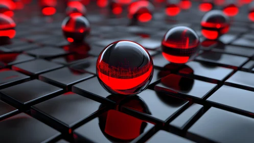 3D reflective red spheres on modular black grid plane surface.