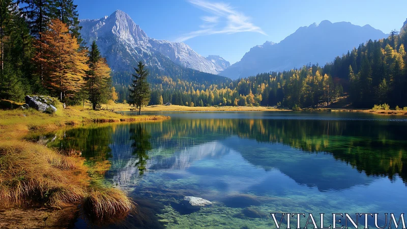 Mountain lake reflects conifer forest and distant alpine peaks