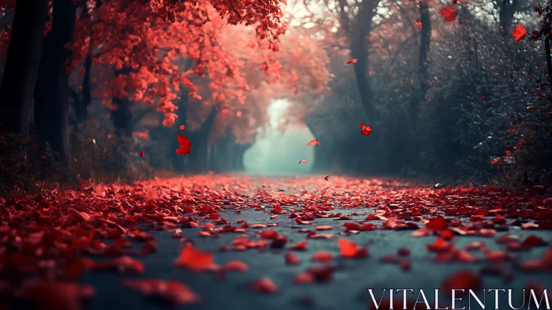 Red autumn leaves scattered across a quiet forest road.