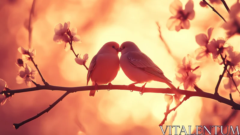 Two red birds facing on branch with bloom flowers surrounding them