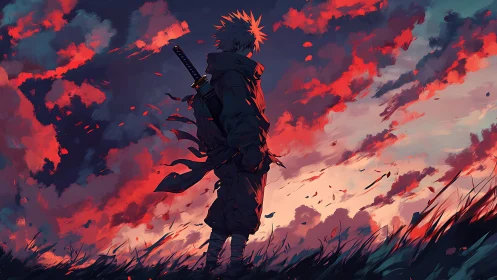 Lone swordsman quietly greets a blazing, windswept sky