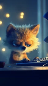 Sleepy cartoon fox types on keyboard under warm lights