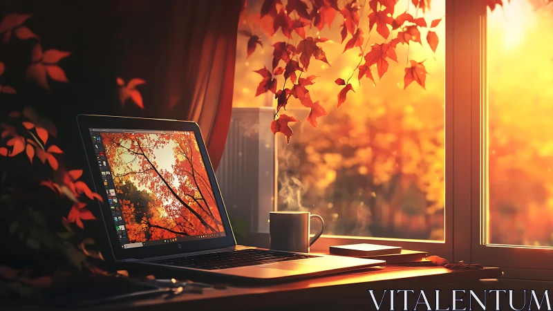 Autumn workspace glows beside sunlit window with laptop open