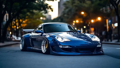 Ultra-low widebody street Porsche under urban bokeh glow.