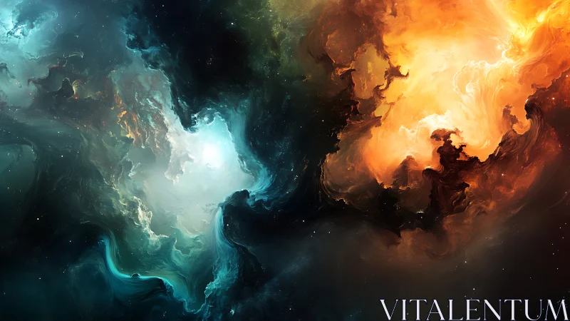 Contrasting nebula-like color fields occupy the digital frame